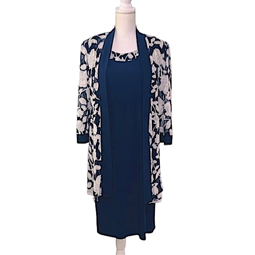 R&M Richards Navy White Dress & sheer Floral Jacket NWT 2 pieces Modest midi 
12 - Picture 3 of 15